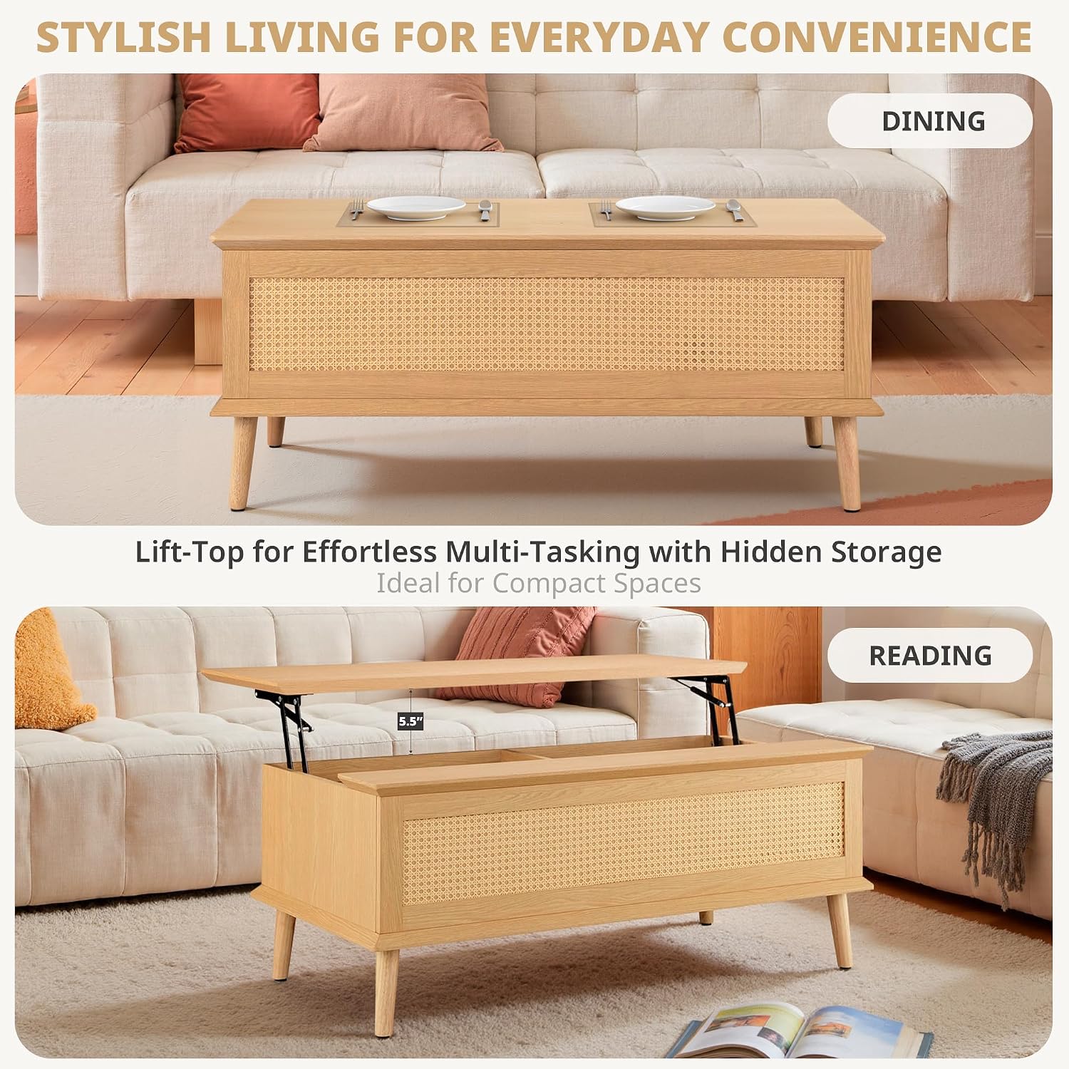 Ink+Ivy Solid Wood Lift Top Coffee Table with Storage Compartments and Large Shelves, Handwoven Rattan Accent Sides, Oak Wood Grain Coffee Tables for Home Living Room Natural