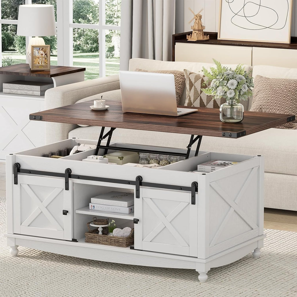 ALLSTAND 48' Farmhouse Lift Top Coffee Table with Storage Sliding Barn Door & Large Hidden Compartment, Coffee Table with Lifting Top with Wooden Lift Tabletop, Coffee Tables for Living Room, White