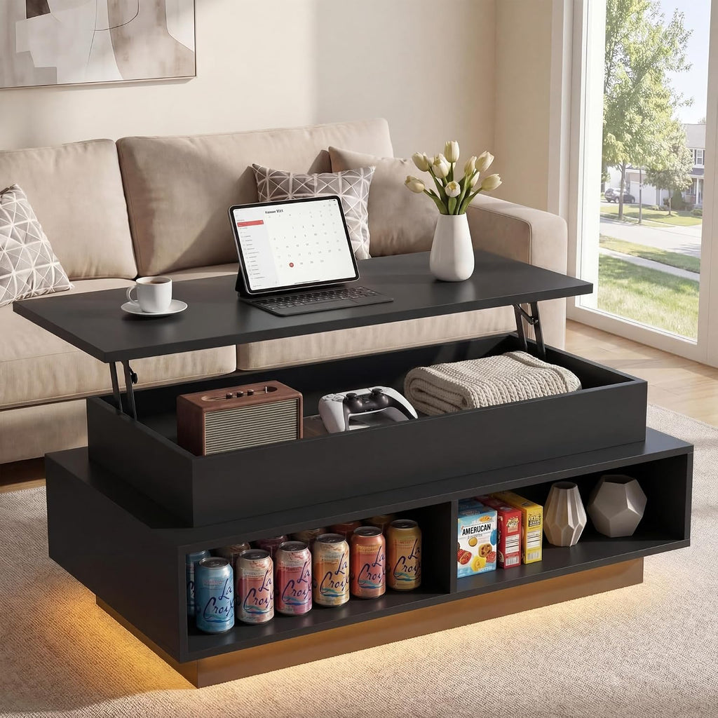 YESHOMY 40' Lift Top Coffee Table with Hidden Storage & Multi-Color LED Lights, Modern Square Wood Table with 4 Open Shelves for Living Room and Small Space, Black