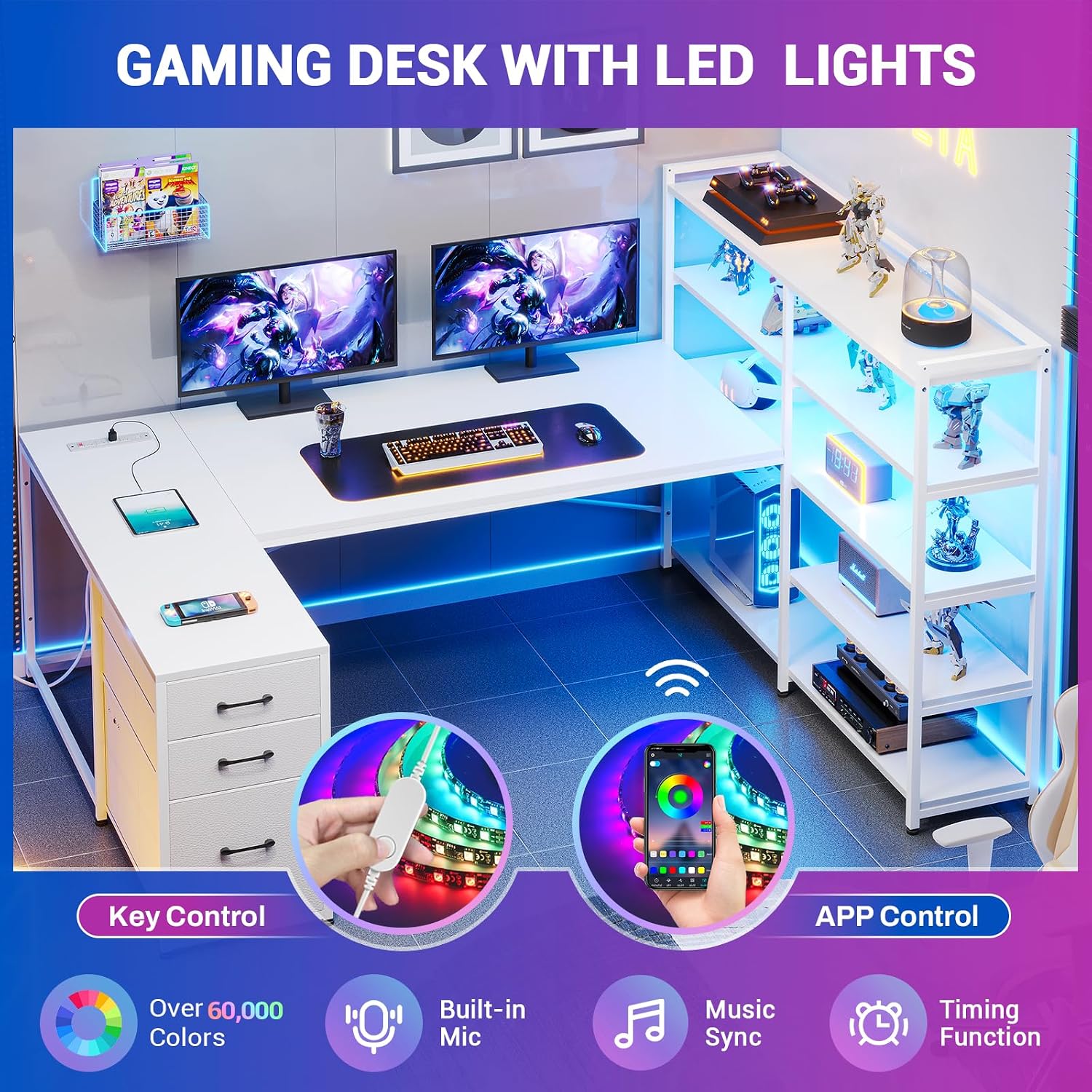 SEDETA L Shaped Office Desk with Drawers, 64.5' Reversible Computer Desk with Storage Shelves and Power Outlet, Corner Gaming Desk with LED Strip for Home Office, White