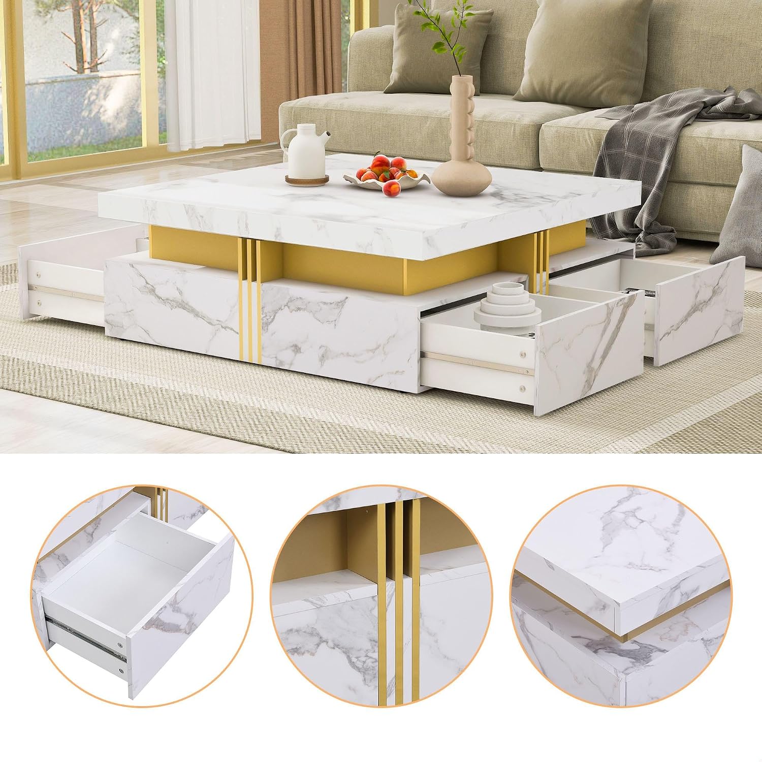 GDFStudio Barsv Modern Square Coffee Table with 4 Drawers, Stylish Storage Accent Table, Living Room Furniture with Ample Space, Remote Control Organizer, Glam Home Decor, White + Gold