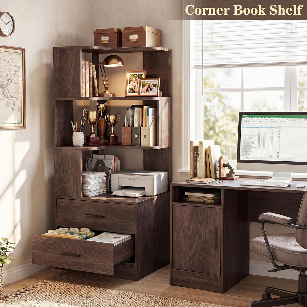 Armocity Corner Bookshelf with Drawers, 6 Tier Corner Book Shelf Display Bookcase, Freestanding L Shaped Bookshelf for Bedroom, Living Room, Home Office, Black Walnut