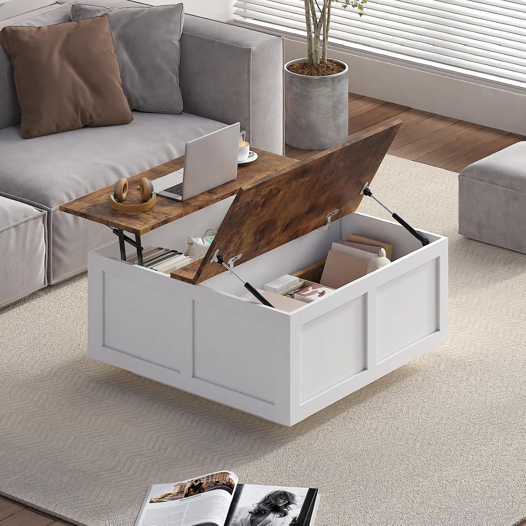 Lift Top Coffee Table with Storage, 31.5' Square White Coffee Table with Large Hidden Storage, Wood Living Room Table Center Table for Living Room Dining Reception Room