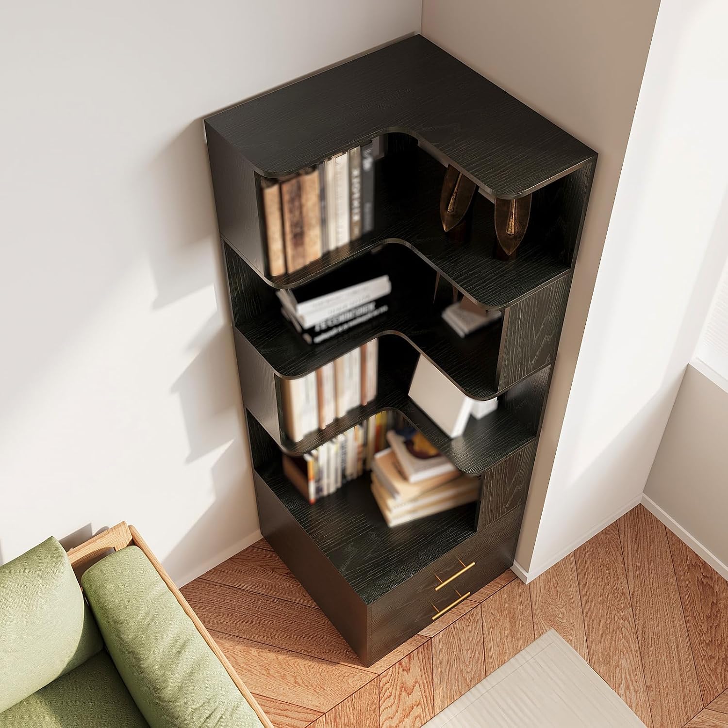 Corner Bookshelf with Drawers,66.9' L Shaped Tall Bookshelf and Bookcase,5 Tier Corner Bookcase with Storage Display Shelf Stand for Home Office, Study,Living Room, Bedroom (Black-Corner Bookshelf)