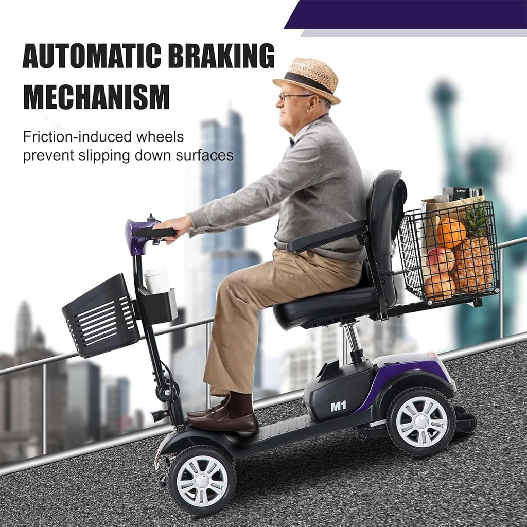 Mobility Scooters for Seniors & Adults 400 Lb Weight All Terrain,Portable 4 Wheel Powered Scooter,Lightweight Foldable Disability Electric Wheelchair,Front and Rear Led Lights,15 Miles,Purple