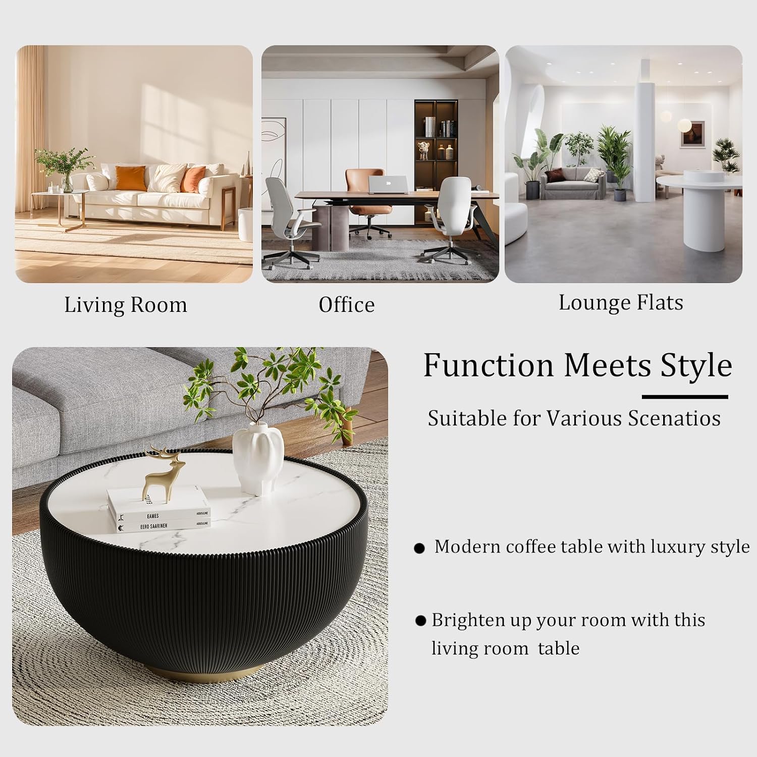 Black Round Coffee Table with Sintered Stone Tabletop, 27.56' Drum Coffee Table with Fluted PU Leather Covered and Metal Base, Circle Cocktail Tea Table for Living Room