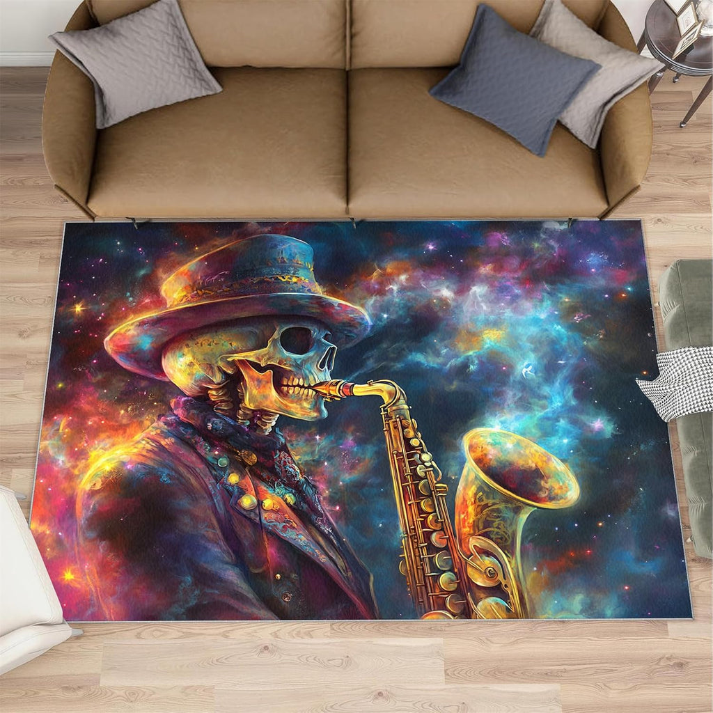 Saxophone Rug Large - 5x7 Rug, Skull Area Rugs for Living Room, Music Lovers Washable Carpet for Bedroom, Fantasy Galaxy Rugs, Boys Room Carpet - Saxophone Home Decor & Gift