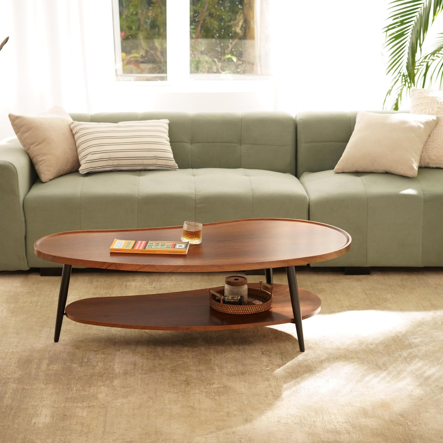 AGV LIGHTING Mango Oval Coffee Table with Storage Shelf, 47' Mid Century Modern Coffee Table for Living Room, Walnut Wood Finish MDF Top with Black Metal Legs