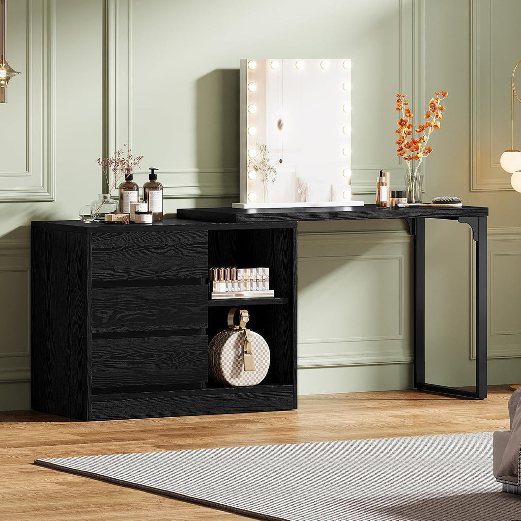 Tribesigns Vanity Desk with 3 Drawers and 2 Shelves, Small Makeup Vanity Table with Reversible Storage Cabinet, Modern Corner Dressing Table for Bedroom, Makeup Room (Without Mirror) (Black)