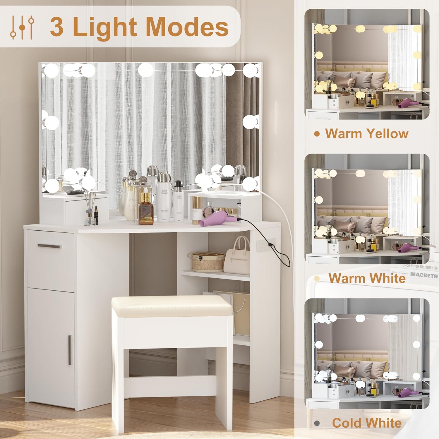 Corner Vanity Desk with Mirror & Lights, Makeup Table Set with Lighted Mirror, 3 Adjustable Lighting Colors, Cushioned Stool, 5 Drawers & Shelves, Bedroom Dressing Table for Women, Black