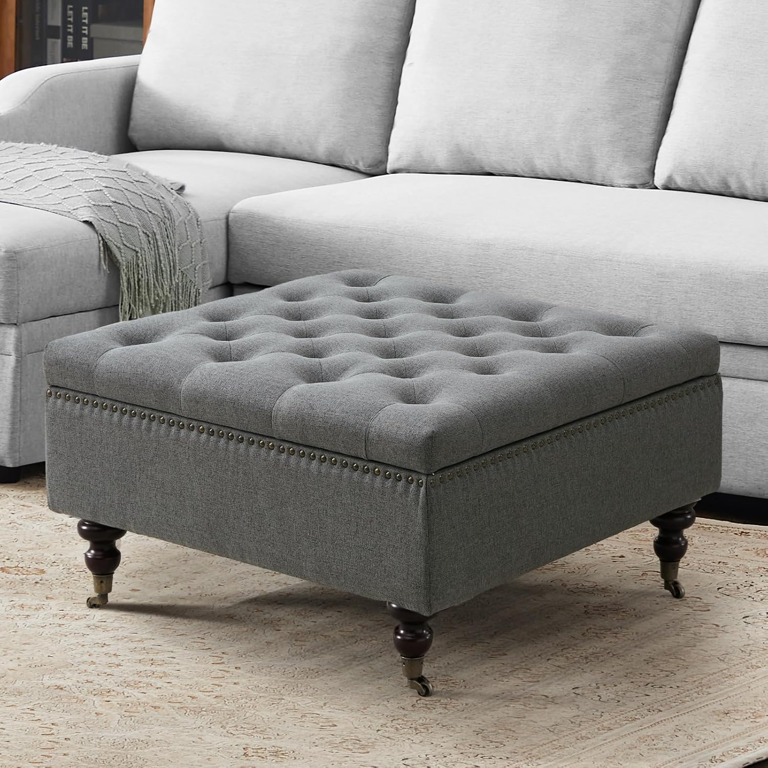 4-in-1 Square Storage Ottoman Bench with Rolling Wheels,Large Ottoman with Storage,Upholstered Coffee Table for Living Room/Bedroom,Dark Gray