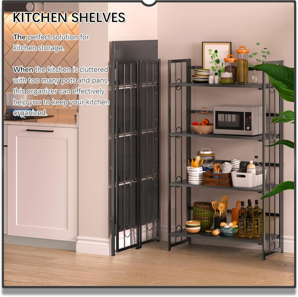 4NM No Assembly 4 Tiers Folding Bookshelf, 47.2' H Foldable Storage Shelves Vintage Bookcase Standing Racks Study Organizer Home Office - All Black