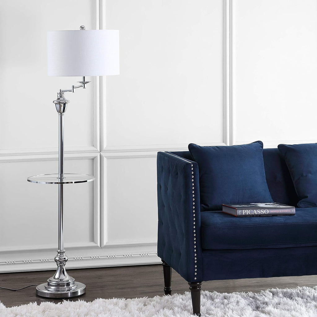 JONATHAN Y 60' Chrome Floor Lamp with Integrated Glass Side Table, Modern Swing Arm Standing Lamp for Living Room, White Linen Shade, LED Bulb Included (JYL3055B)