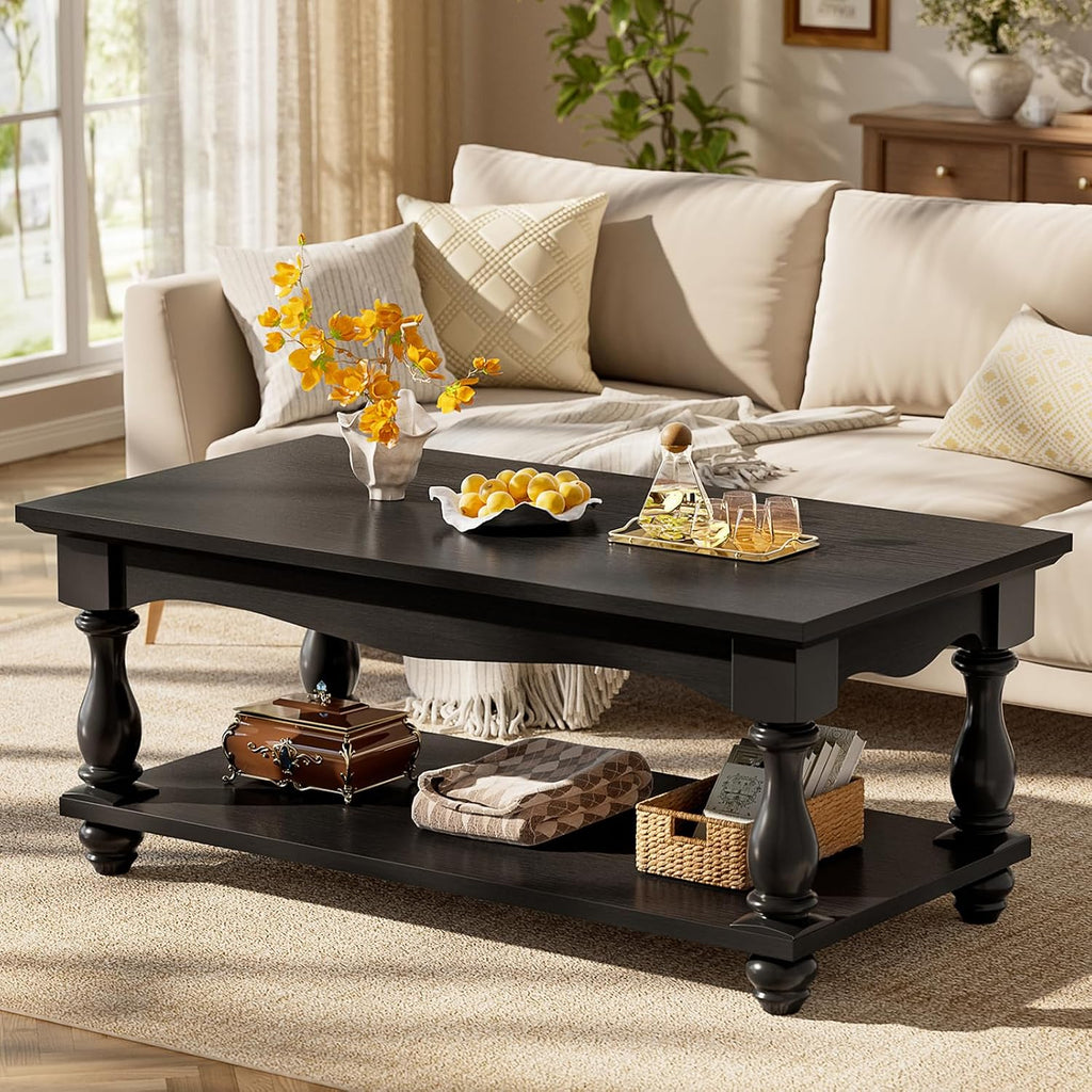 Besiost Farmhouse Coffee Table with Storage, Mid Century Coffee Tables for Living Room, 47 inch Modern 2-Tier Black Coffee Table