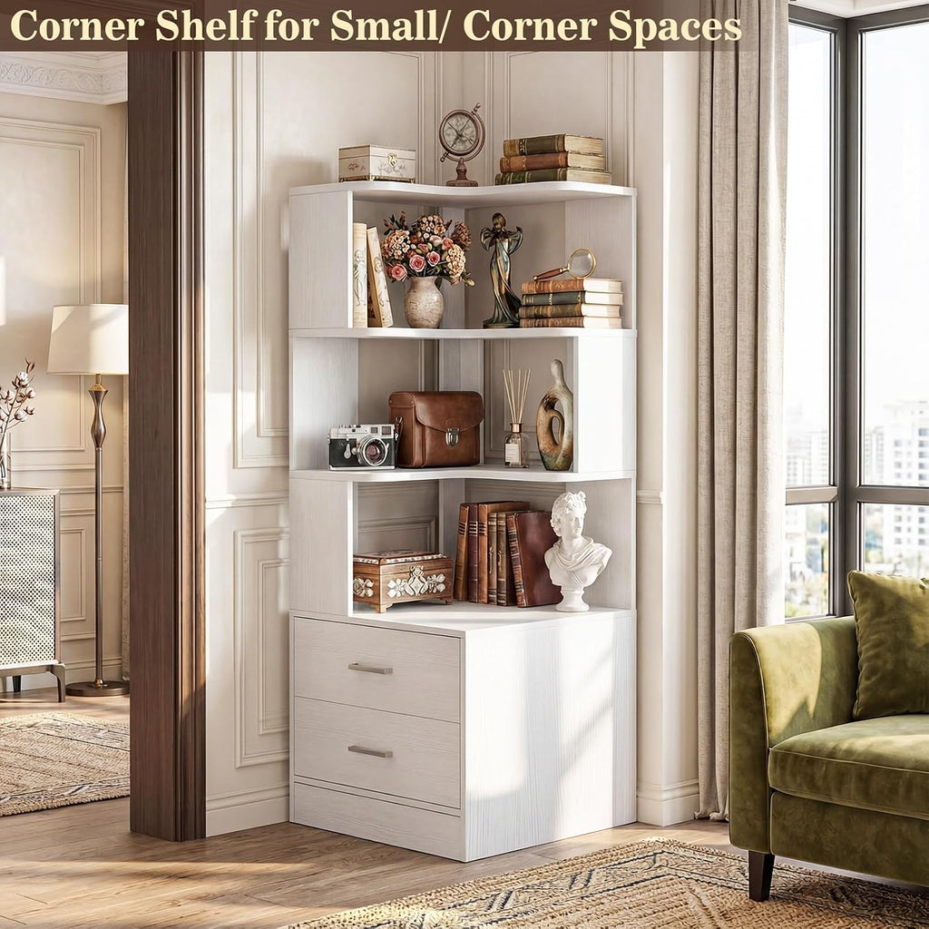 Armocity Corner Bookshelf with Drawers, 6 Tier Corner Book Shelf Display Bookcase, Freestanding L Shaped Bookshelf for Bedroom, Living Room, Home Office, White