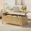 ONBRILL Fluted Lift Top Coffee Table with Storage, Mid Century Modern Coffee Table with Hidden Compartment, Rising Top Wood Center Table for Living Room, Home Office, Rounded Edges (Natural Oak)