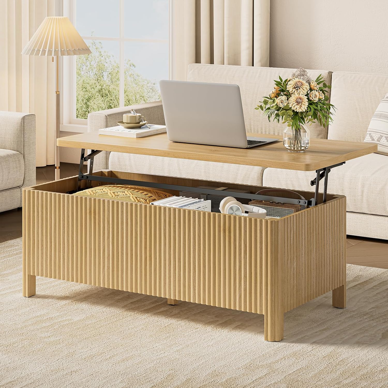 ONBRILL Fluted Lift Top Coffee Table with Storage, Mid Century Modern Coffee Table with Hidden Compartment, Rising Top Wood Center Table for Living Room, Home Office, Rounded Edges (Natural Oak)
