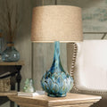 Possini Euro Design Kenya Modern Tropical Table Lamp with USB Dimmer 29 1/2' Tall Blue Green Glaze Ceramic Beige Linen Drum Shade for Bedroom Living Room House Home Bedside Nightstand Office Family
