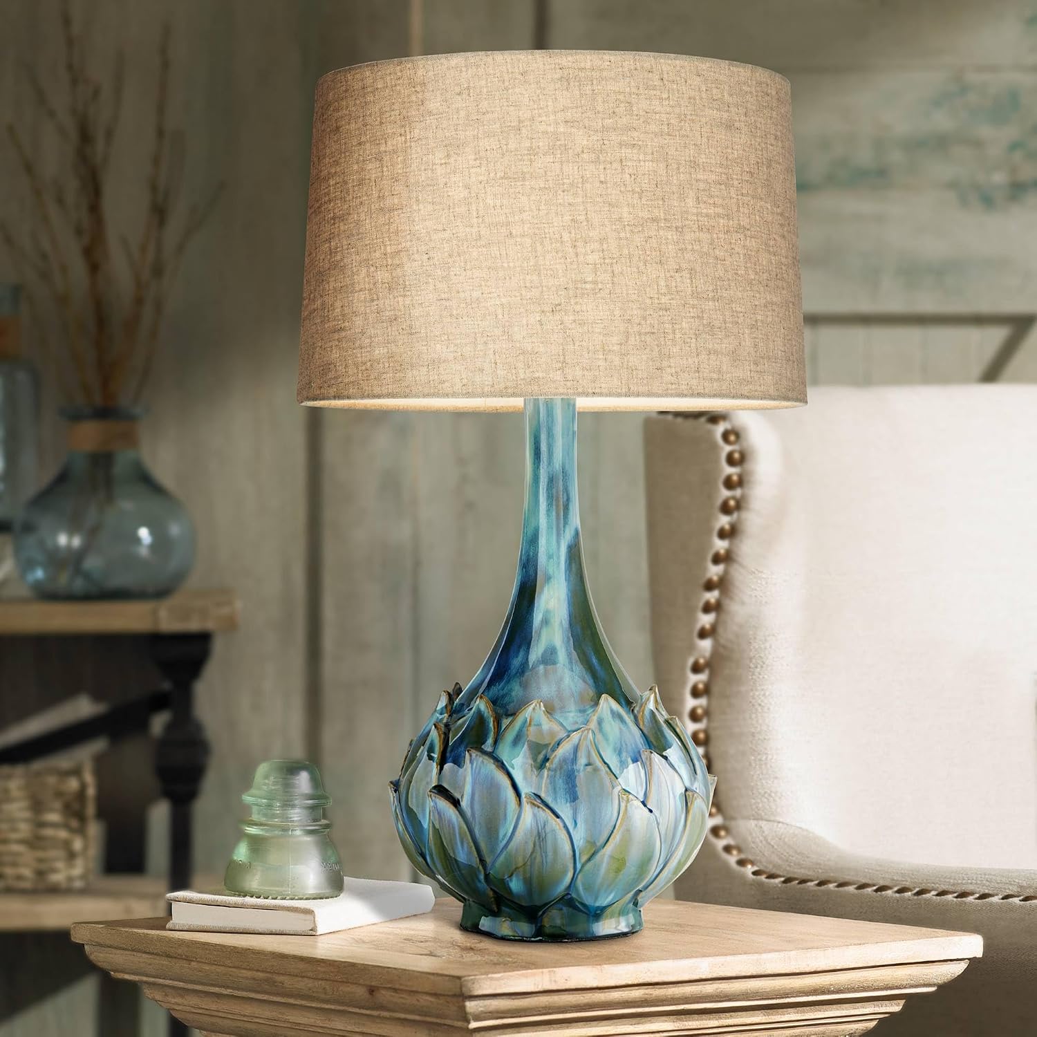 Possini Euro Design Kenya Modern Tropical Table Lamp with USB Dimmer 29 1/2' Tall Blue Green Glaze Ceramic Beige Linen Drum Shade for Bedroom Living Room House Home Bedside Nightstand Office Family