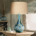 Possini Euro Design Kenya Modern Tropical 3-Way Table Lamp with Dimmer 29 1/2' Tall Blue Green Glaze Ceramic Beige Linen Drum Shade for Bedroom Living Room House Home Bedside Nightstand Office