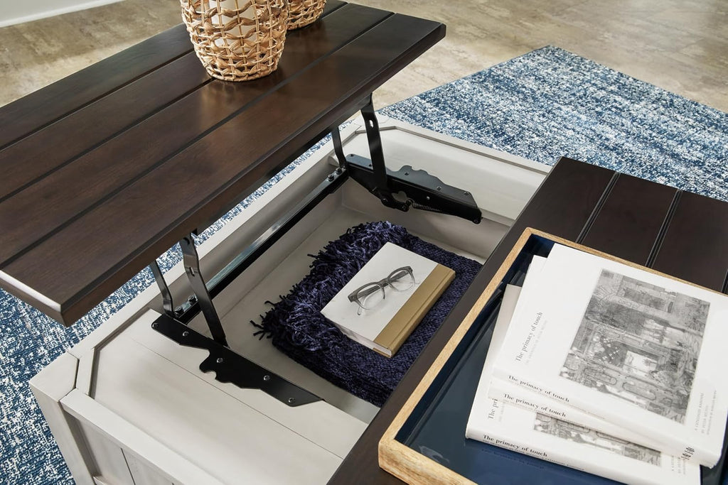 Signature Design by Ashley Darborn Farmhouse Lift-Top Coffee Table with Drawers, Lower Shelf and Casters, Light Gray & Dark Brown