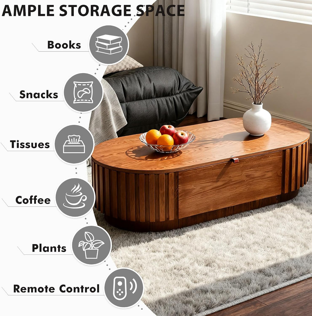 Flip Top Oval Coffee Table with Compartment Storage, 47'' Mid Century Modern Coffee Table for Living Room, Fluted Center Table Tea Table with Soft Handle for Small Space Office Apartment