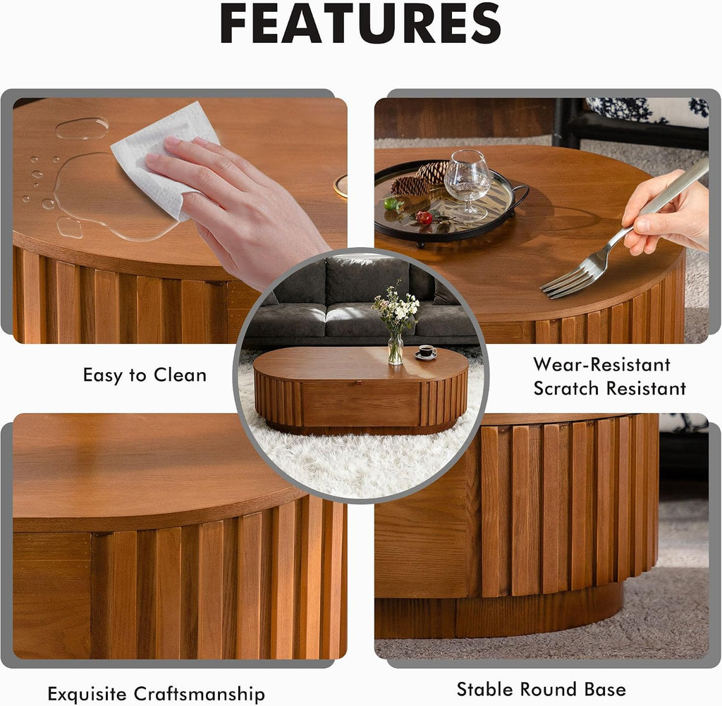 Flip Top Oval Coffee Table with Compartment Storage, 47'' Mid Century Modern Coffee Table for Living Room, Fluted Center Table Tea Table with Soft Handle for Small Space Office Apartment