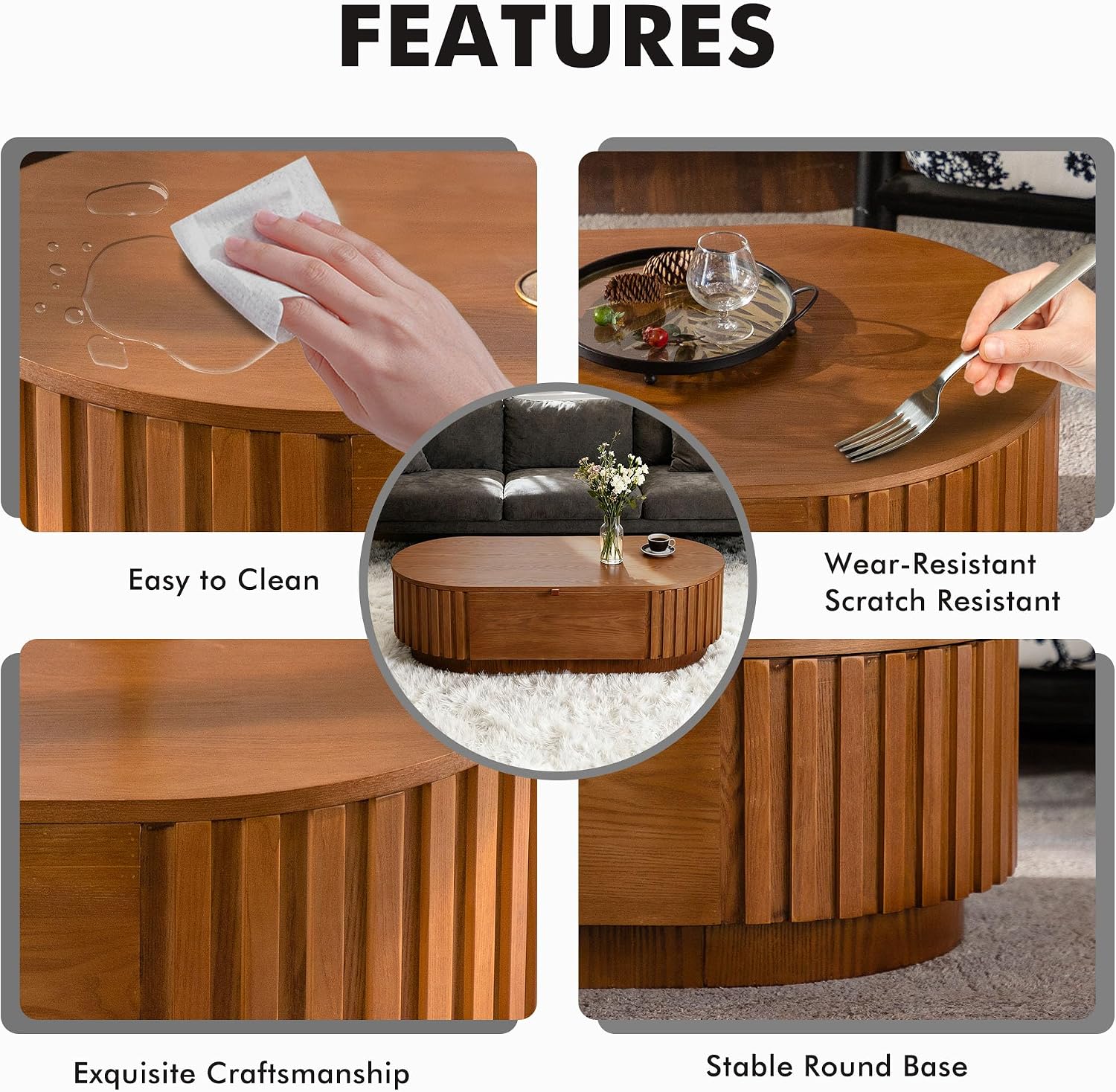 Flip Top Oval Coffee Table with Compartment Storage, 47'' Mid Century Modern Coffee Table for Living Room, Fluted Center Table Tea Table with Soft Handle for Small Space Office Apartment