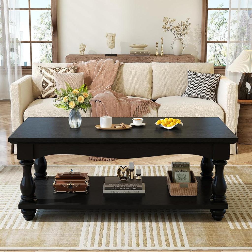 Besiost Farmhouse Coffee Table with Storage, Mid Century Coffee Tables for Living Room, 47 inch Modern 2-Tier Black Coffee Table