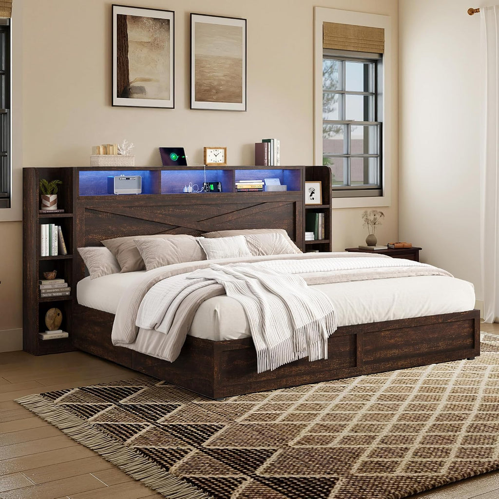 AMERLIFE 45'' Farmhouse Queen Bed Frame with 4 Drawers, LED Bed Frame with Bookcase Headboard & Side Shelves, Wood Platform Bed with Charging Station, Walnut
