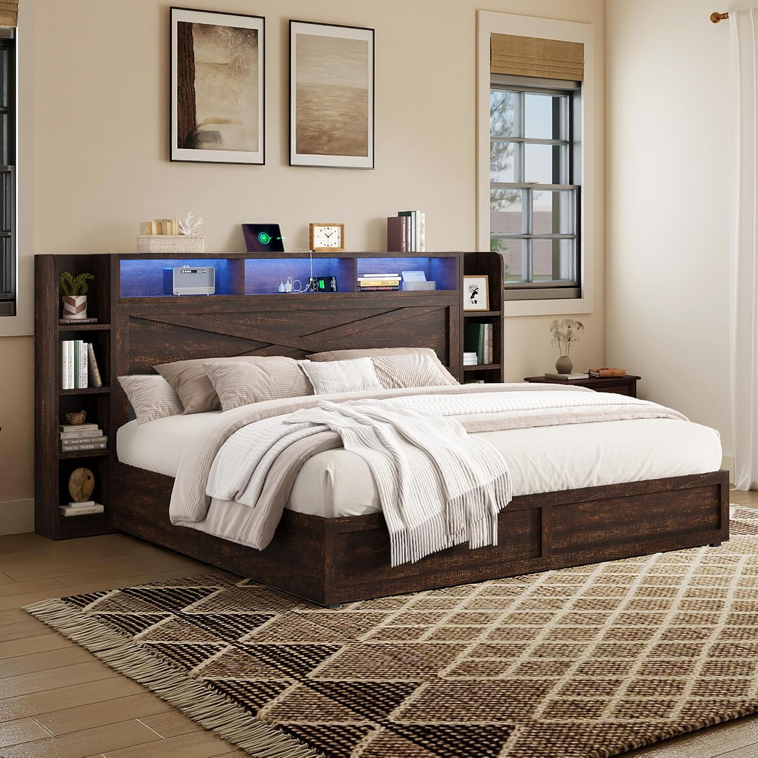 AMERLIFE 45'' Farmhouse Queen Bed Frame with 4 Drawers, LED Bed Frame with Bookcase Headboard & Side Shelves, Wood Platform Bed with Charging Station, Walnut