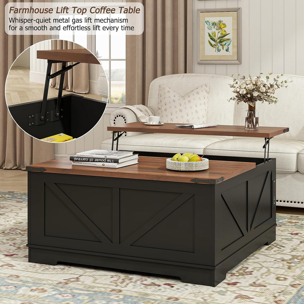 EAG 40' Large Farmhouse Lift Top Coffee Table with Hidden Compartment & Power Outlets, Square Wooden Coffee Table with Multi-Function Flip-Top Ample Storage Center Table for Living Room, Black