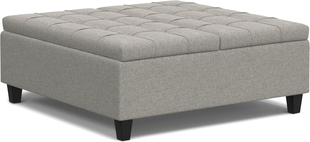 SIMPLIHOME Harrison Large Coffee Table Storage Ottoman - 40 inch Wide Upholstered Linen Look Fabric Square Lift-Top Ottoman in Cloud Grey, Transitional Bench for Living Room with Sturdy Base