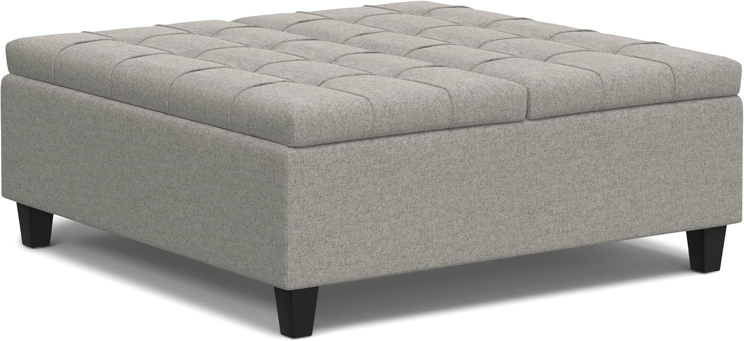 SIMPLIHOME Harrison Large Coffee Table Storage Ottoman - 40 inch Wide Upholstered Linen Look Fabric Square Lift-Top Ottoman in Cloud Grey, Transitional Bench for Living Room with Sturdy Base