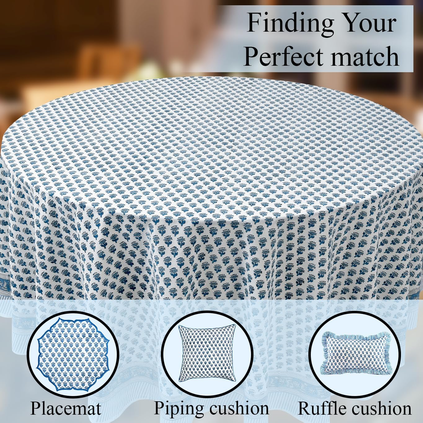CPC Apatite Blue Block Print Cotton Handmade Round Tablecloth 132 Inch Decorative Table Cover for Home Decor, Dinning, Festive, Wedding, Farmhouse Gift for Spring, Mother's Day