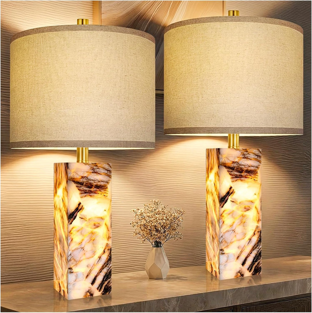 Scenekoy 23' Modern Alabaster Table Lamps Set of 2 with Night Light for Bedroom, Rotary Switch, Bedside Lamp with Linen Shade, Brown Table Lamp for Living Room Nightstand Office (Bulb Included)