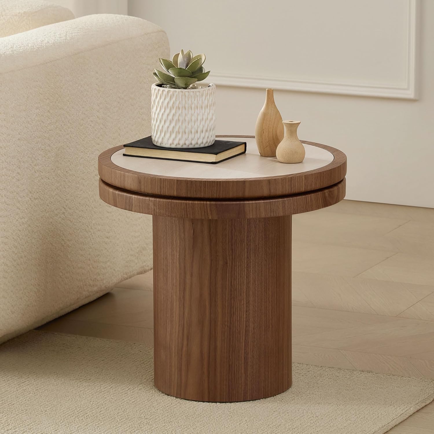 JUSTONE 19.49 '' Round Fluted Coffee Table Small Accent Table for Living Room,Modern Small Accent Table Sofa Side End Table for Living Room,Home Balcony(Walnut)