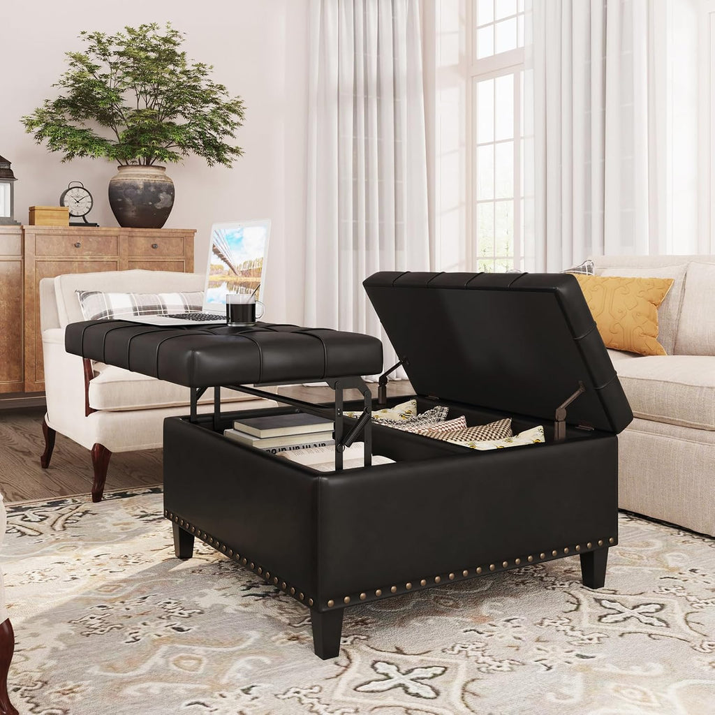 FiveWillowise Square Leather Ottoman with Storage, Faux Leather Coffee Table with Lift Top,Large Upholstered Footrest Stool Toy Box Storage Bench for Bedroom Living Room, Black