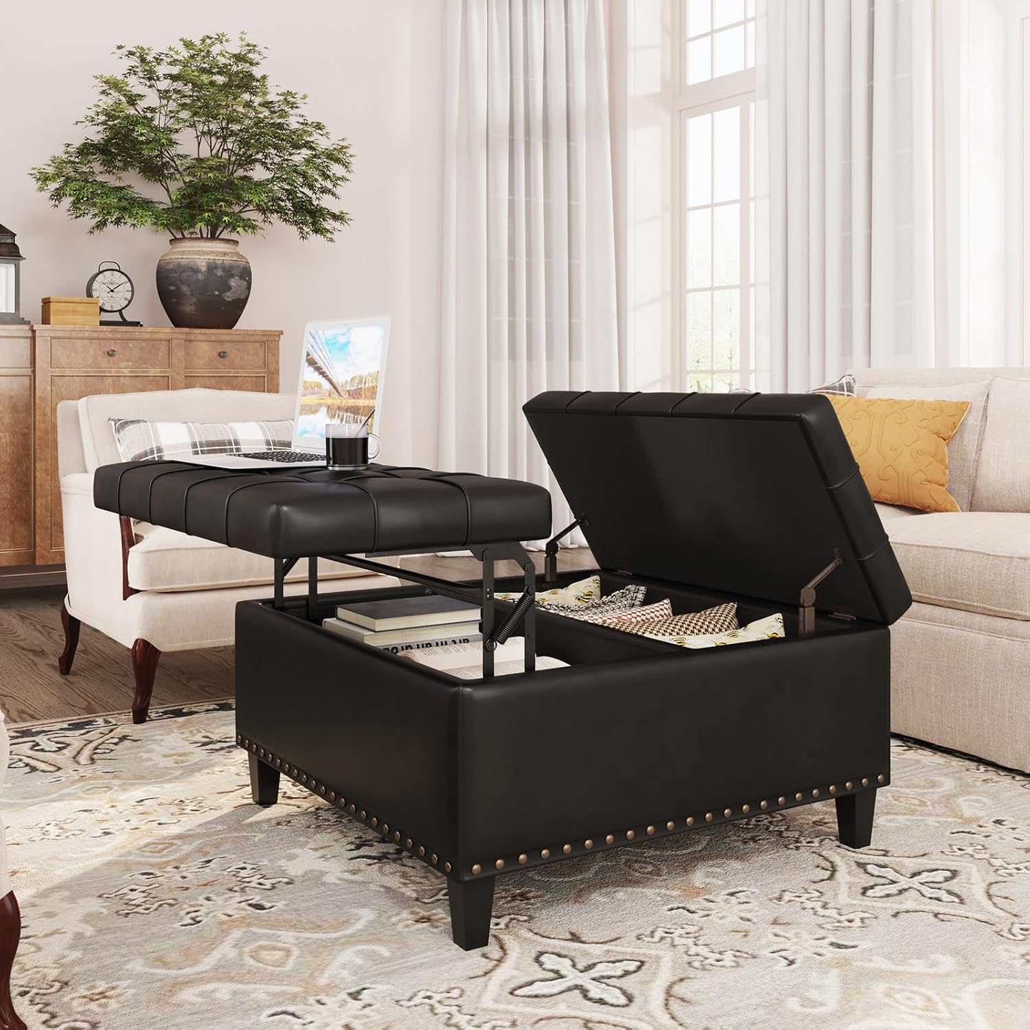 FiveWillowise Square Leather Ottoman with Storage, Faux Leather Coffee Table with Lift Top,Large Upholstered Footrest Stool Toy Box Storage Bench for Bedroom Living Room, Black