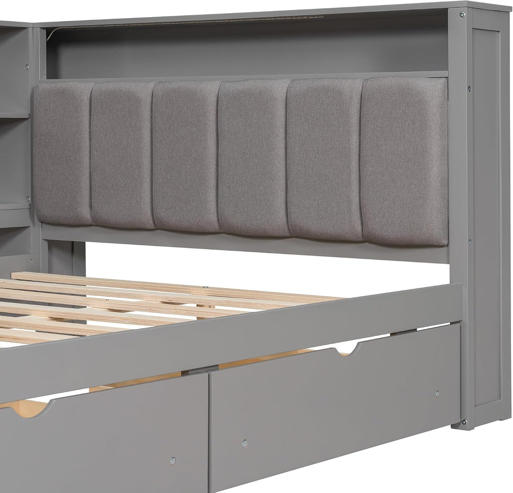 Wood Full Size Daybed with Storage Shelves and Desk, L-Shaped Corner Platform Bed Frame with Upholstered Headboard and 2 Drawers for Office Living Room Bedroom, Space-saving (Grey-7.16, Full)