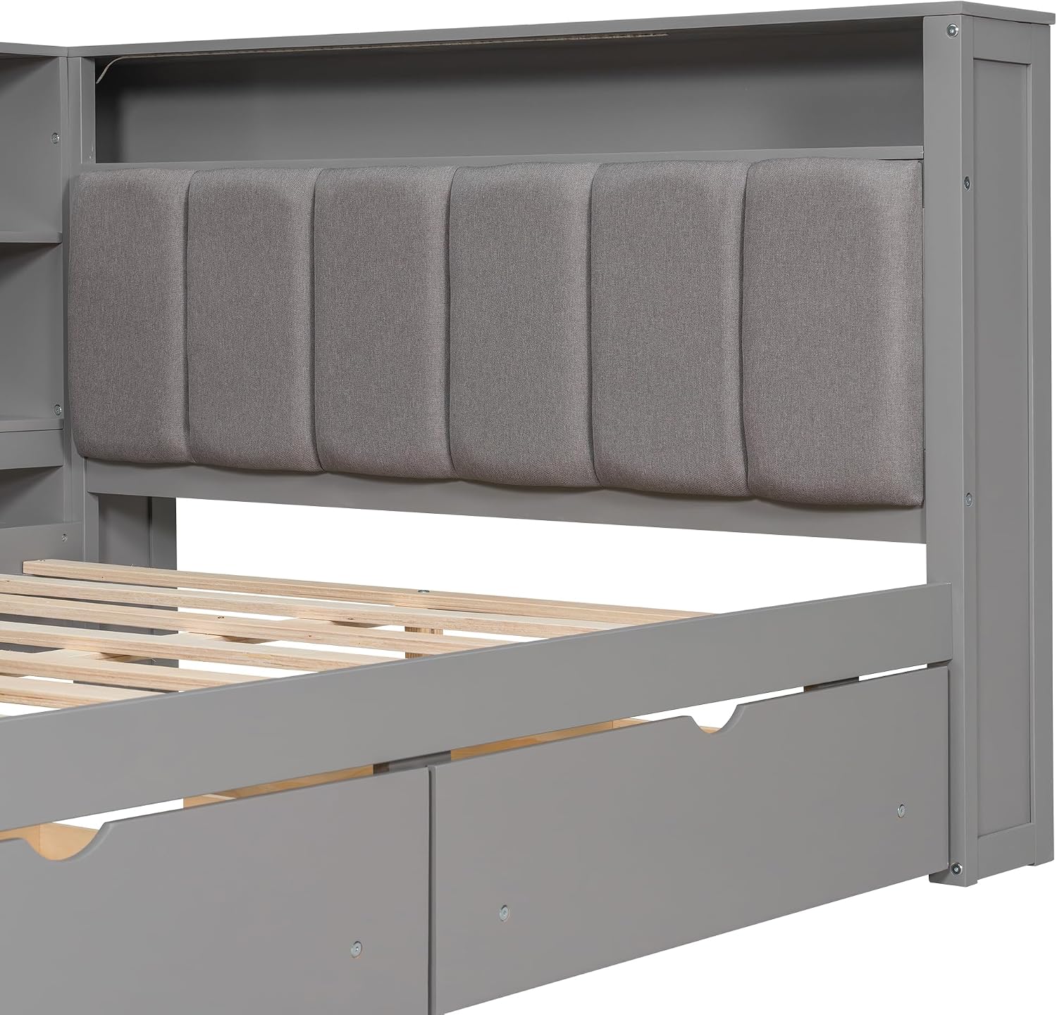 Wood Full Size Daybed with Storage Shelves and Desk, L-Shaped Corner Platform Bed Frame with Upholstered Headboard and 2 Drawers for Office Living Room Bedroom, Space-saving (Grey-7.16, Full)