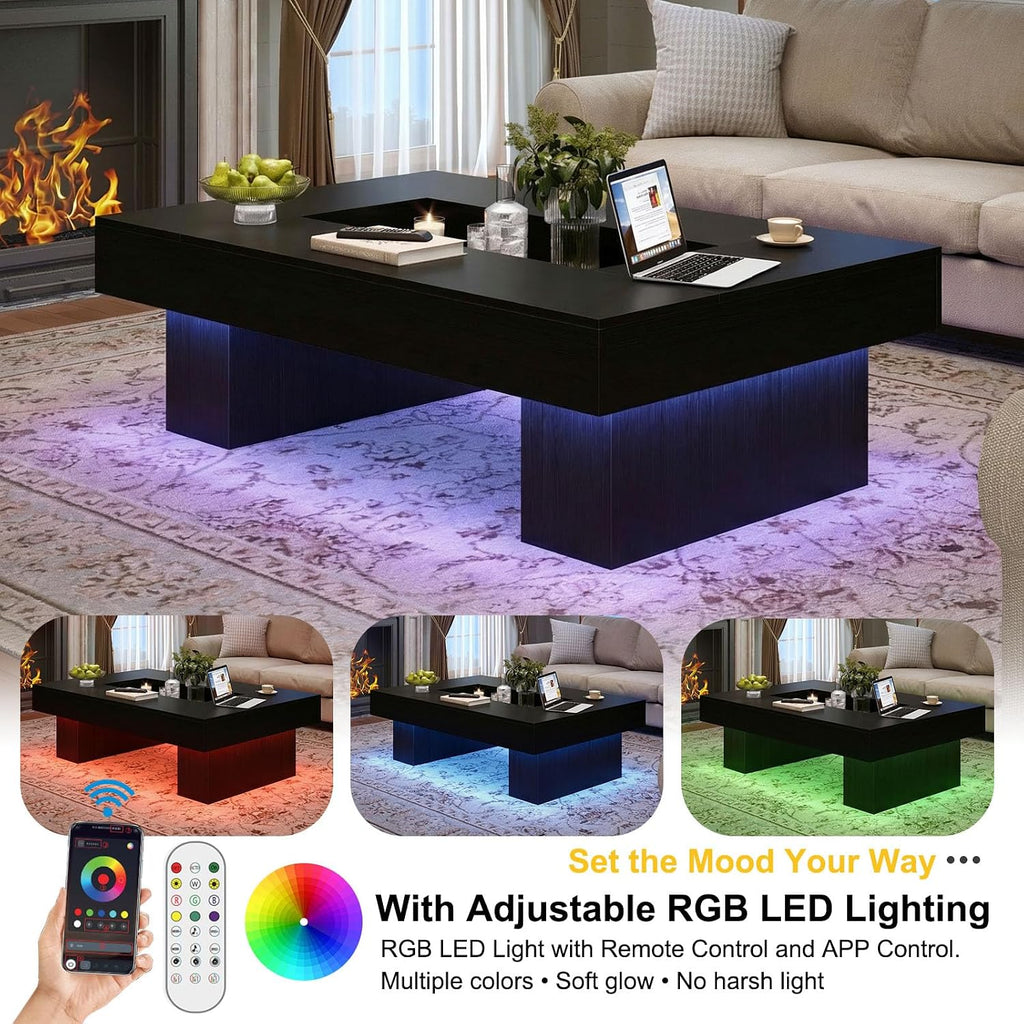 LVB Black Coffee Table, Modern Wood Led Living Room Table with Storage, Unique Large Wide Rectangle Center Table with LED Light, Contemporary low Tea Table for Bedroom Home Office, 47.24 In, Black Oak