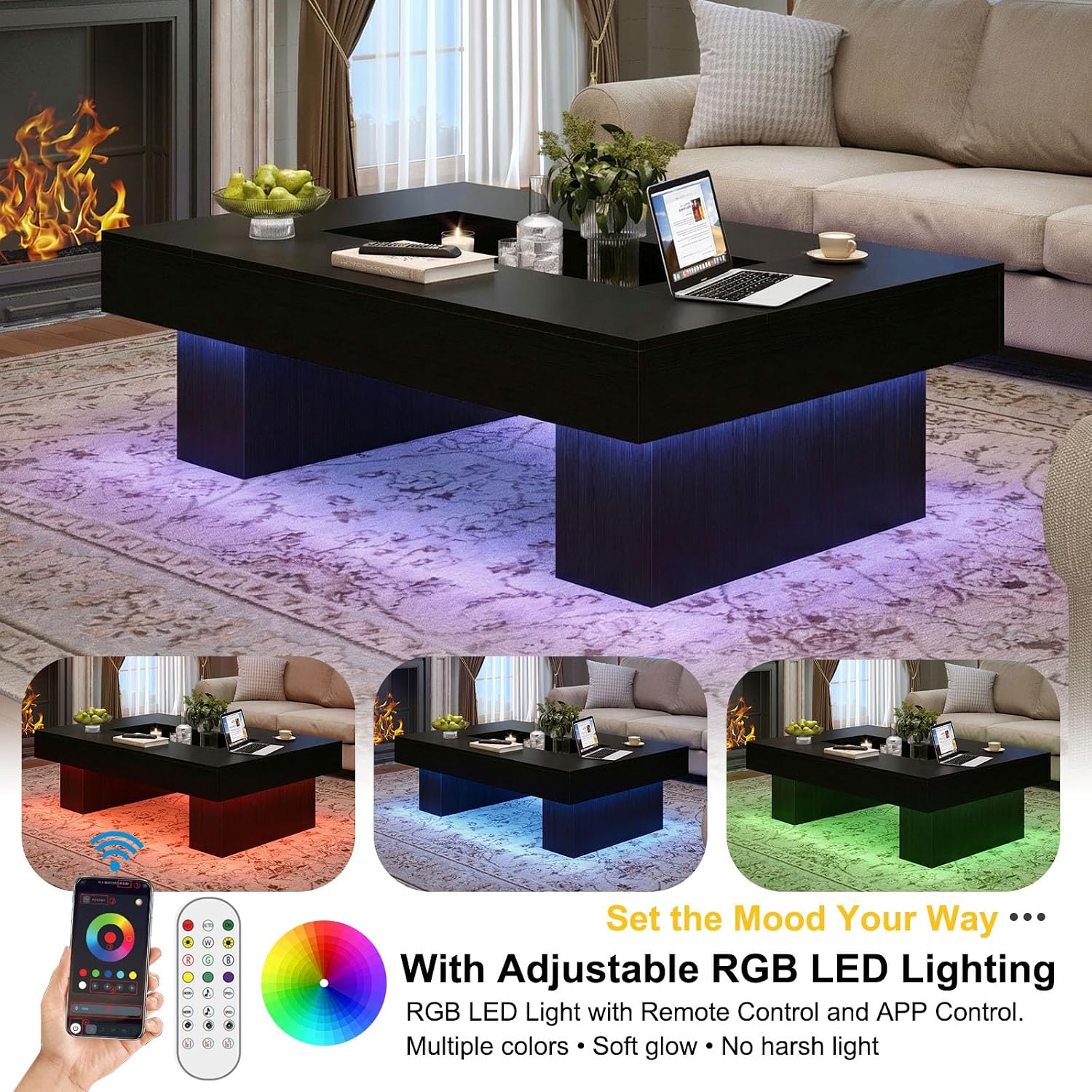 LVB Black Coffee Table, Modern Wood Led Living Room Table with Storage, Unique Large Wide Rectangle Center Table with LED Light, Contemporary low Tea Table for Bedroom Home Office, 47.24 In, Black Oak