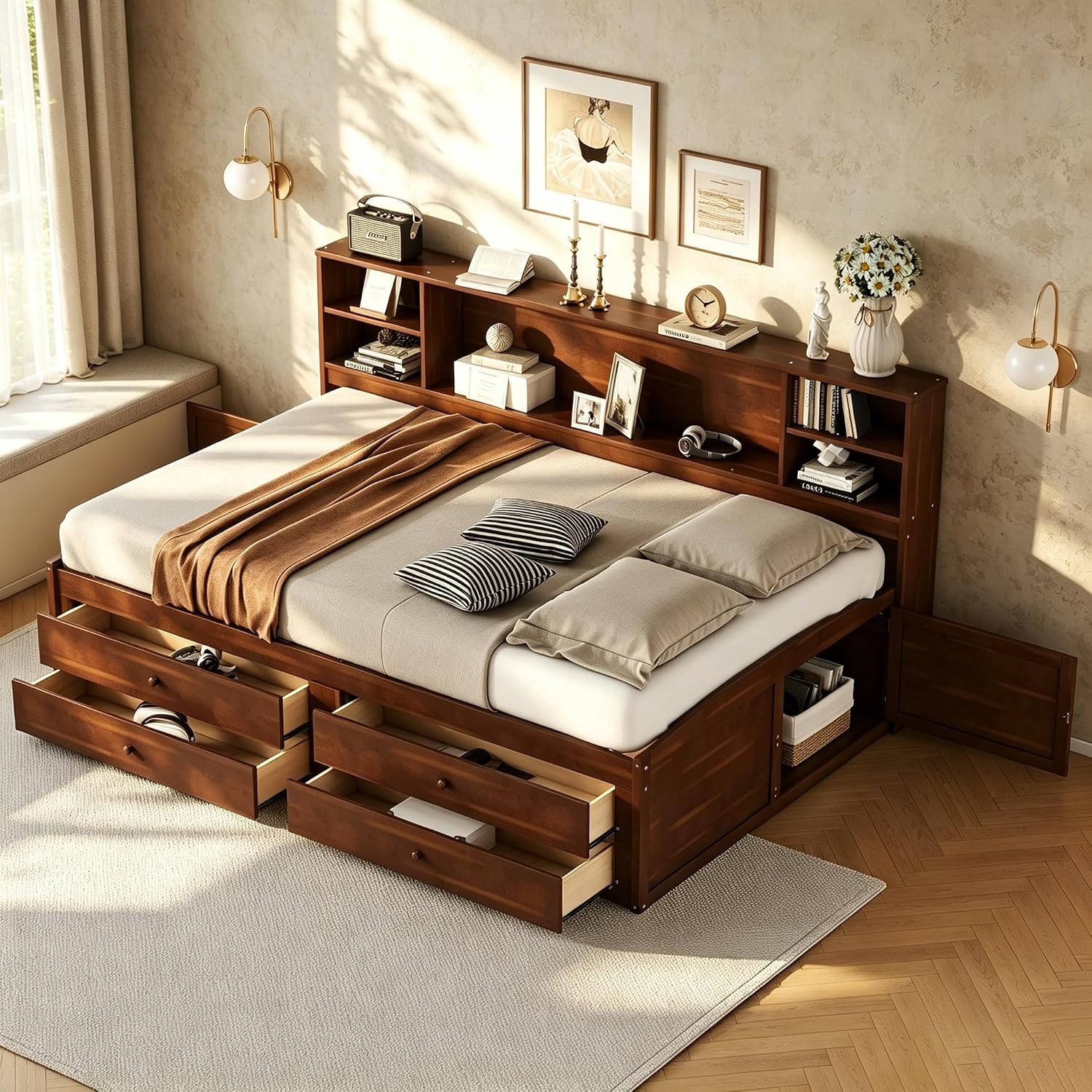 Hanuq Full Size Wooden Captain Bed with Bookcase Headboard | ﻿ Platform Bed with 4 Under-Bed Storage Drawers and Built-in Shelves, No Box Spring Needed, 550 Lbs Weight Capacity