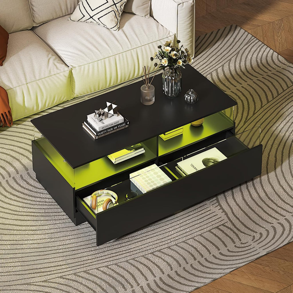 HedoAjim Rectangular Coffee Tables with Storages, Modern Black Coffee Table for Living Room, Rectangular Coffee Tables and 2 Spacious Drawers, Coffee Table with LED Light