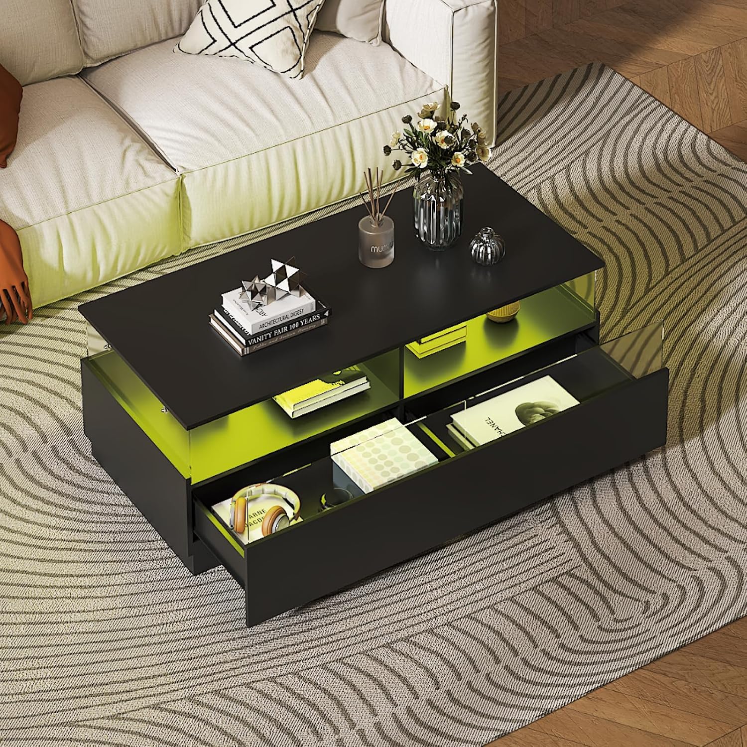 HedoAjim Rectangular Coffee Tables with Storages, Modern Black Coffee Table for Living Room, Rectangular Coffee Tables and 2 Spacious Drawers, Coffee Table with LED Light