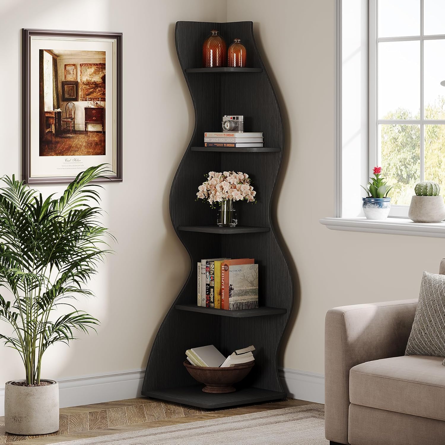 Tribesigns Wavy Corner Shelf Set of 2, Modern 5-Tier Bookshelf Etagere Bookcase with Curvy Shape, Unique Plant Stand Display Shelf for Living Room Small Space (Black)
