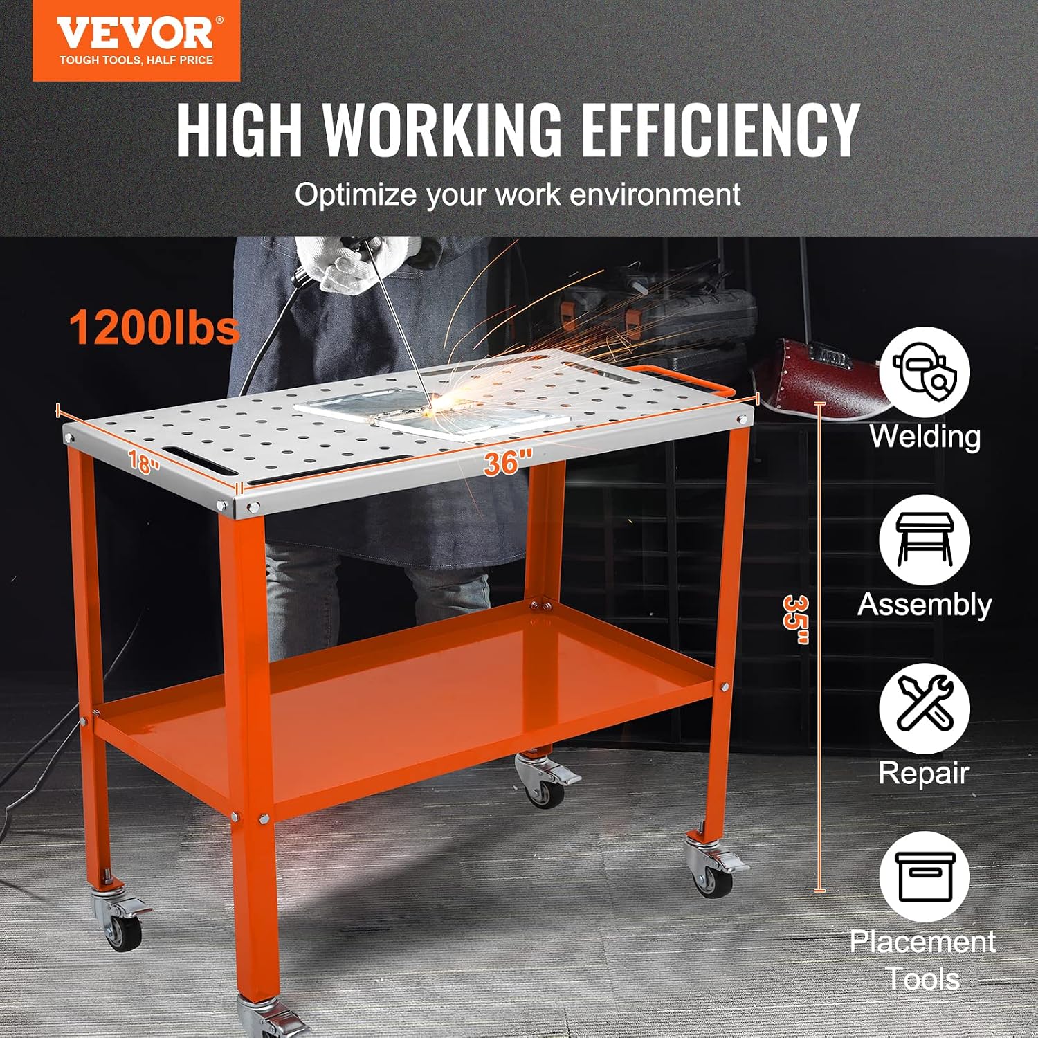 VEVOR Welding Table 36'x18', 1200lbs Load Capacity Steel Welding Workbench Table on Wheels, Portable Work Bench with Braking Lockable Casters, 4 Tool Slots, 5/8-inch Fixture Holes, Tool Tray