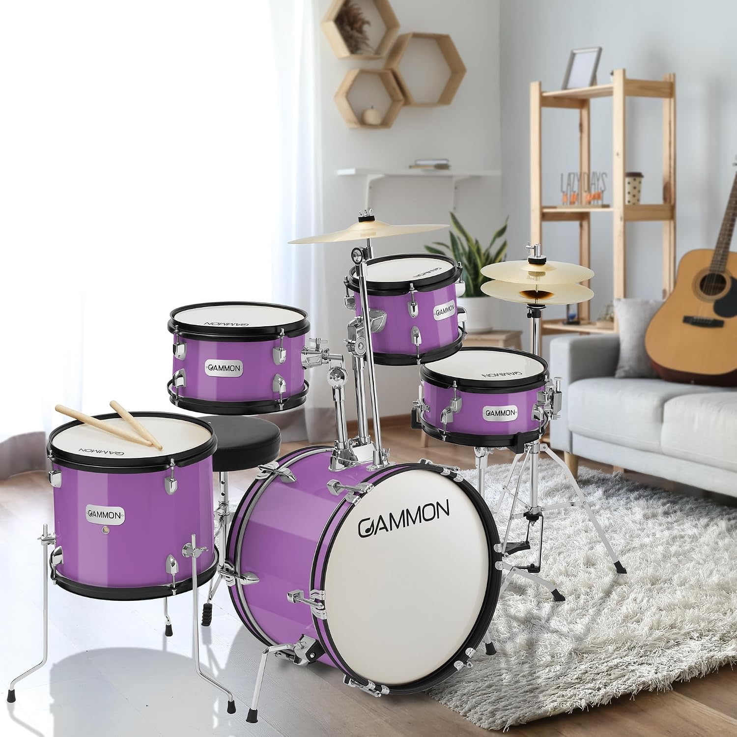 Gammon Percussion 5-Piece Junior Starter Drum Kit with Cymbals, Hardware, Sticks, & Throne - Purple