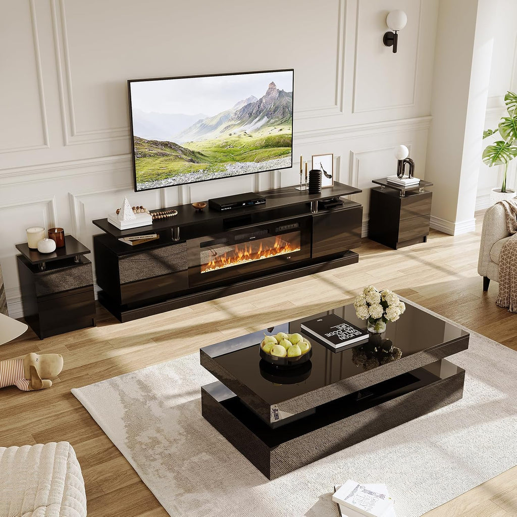 4-Piece Modern Living Room Table Set, Includes High Gloss 70' Fireplace TV Stand, 47' LED Coffee Table and 15' End Tables Set of 2 with Storage Drawers, Black